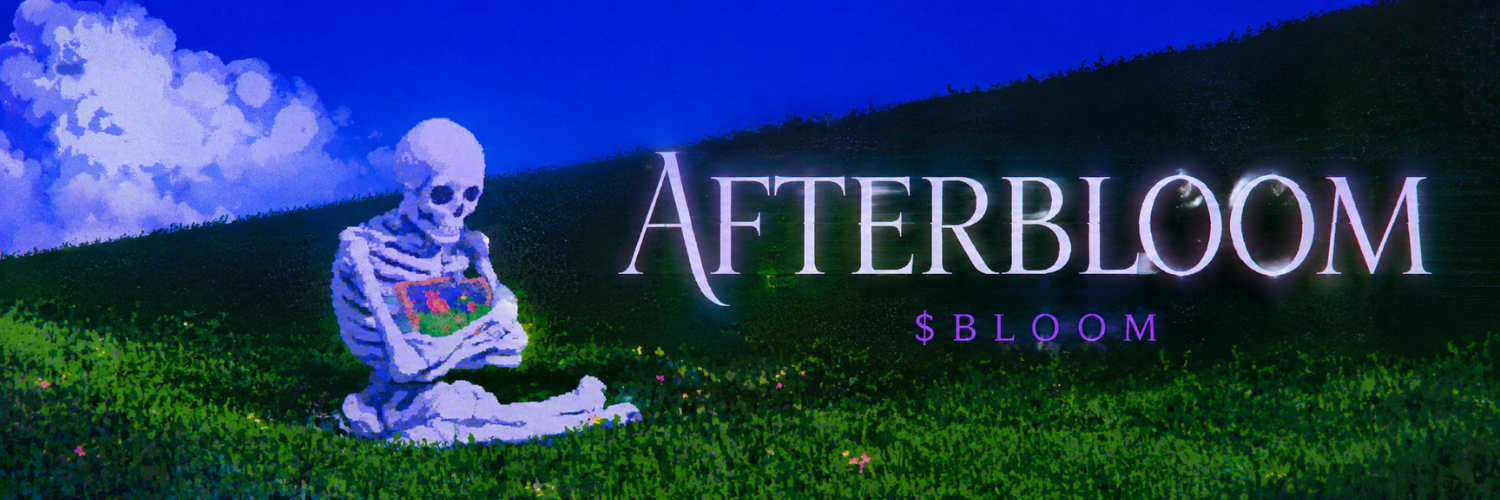 AFTERBLOOM — a skeleton holding flowers beneath a blue sky