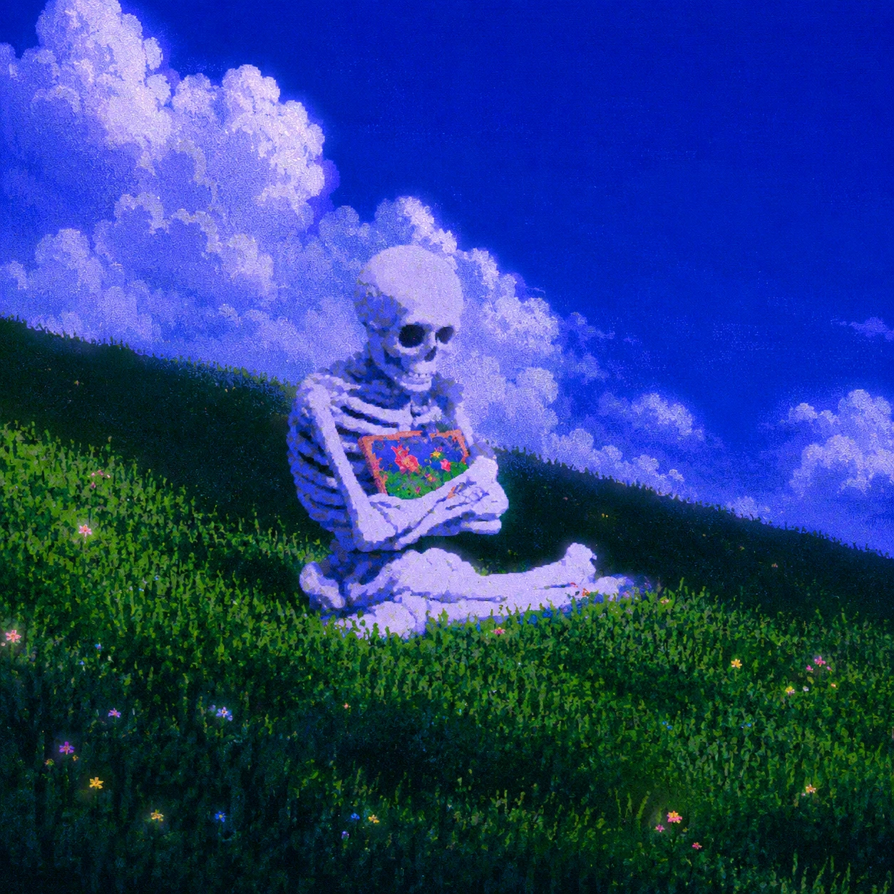 Skeleton seated among flowers beneath enormous clouds