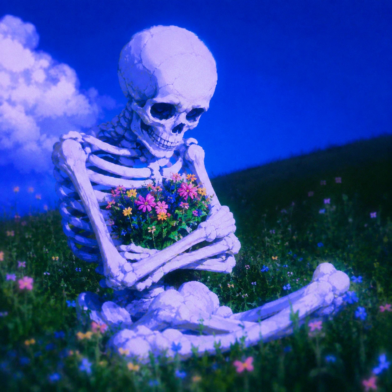 Skeleton holding a vivid bouquet in a blue meadow