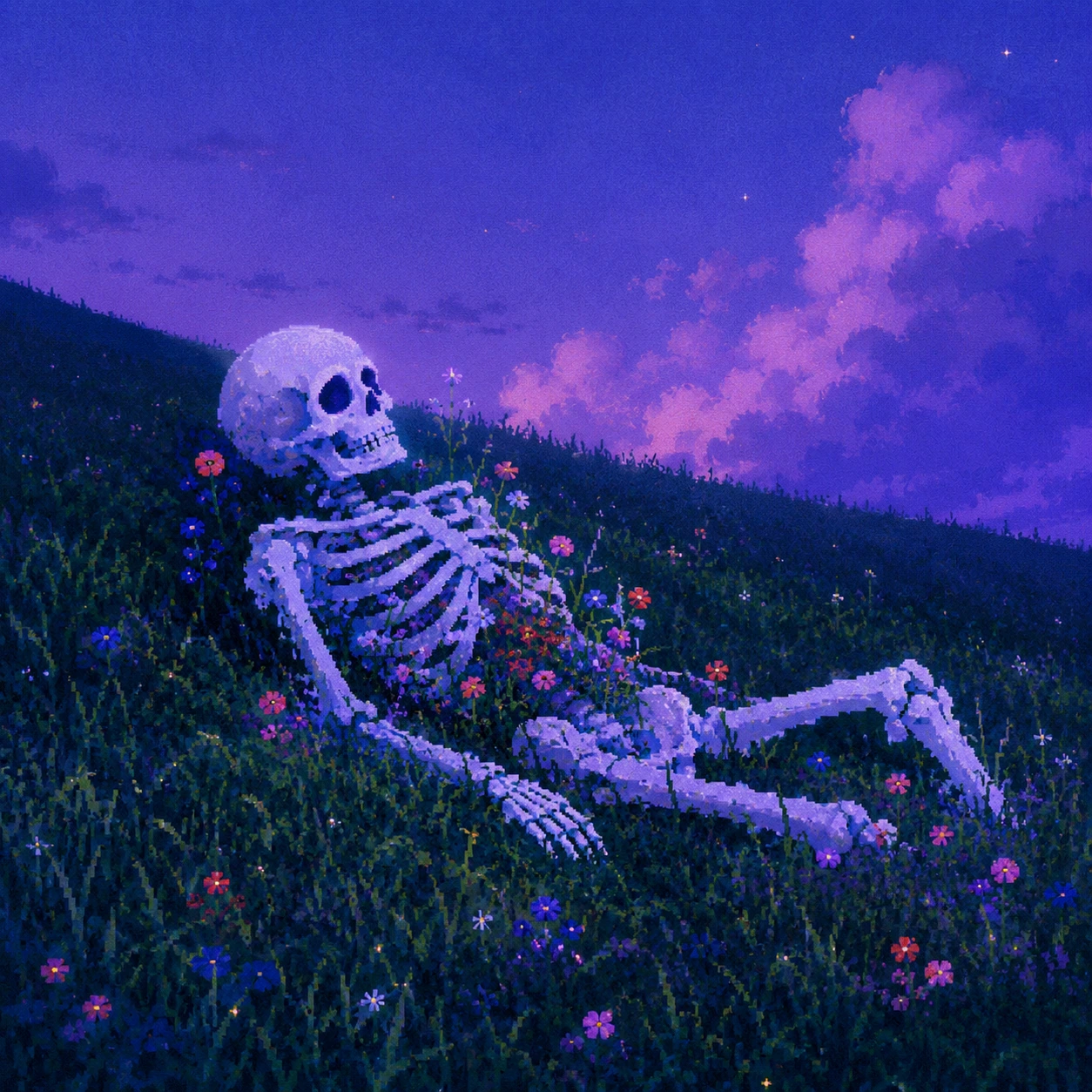 Skeleton resting in flowers beneath violet clouds