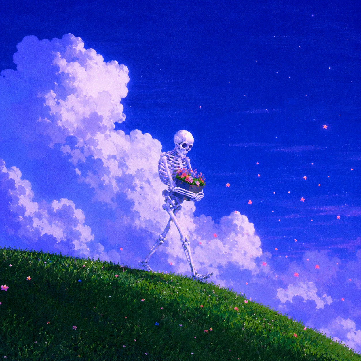 Skeleton walking across a hillside while petals drift through the sky