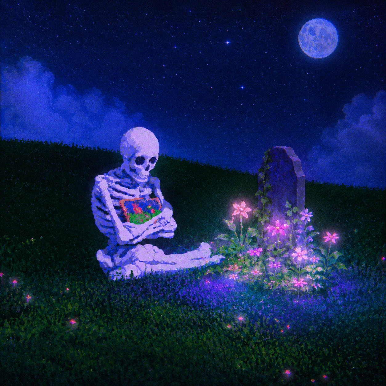 Skeleton beside glowing flowers under the moon