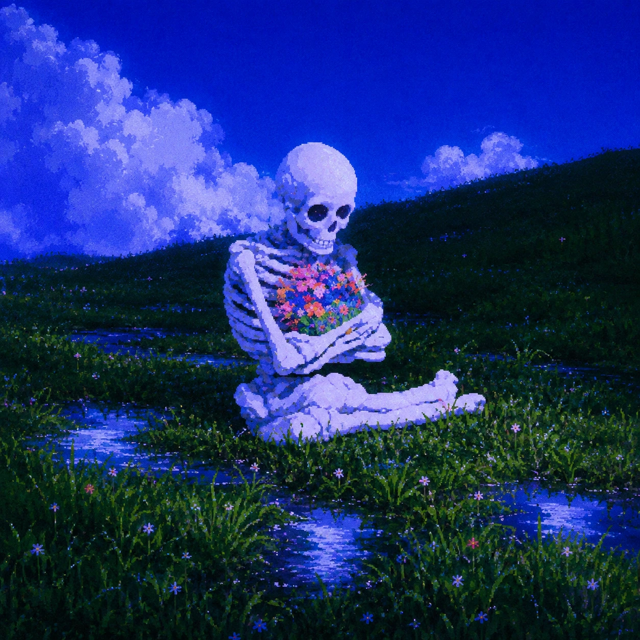 Skeleton carrying flowers across a watery meadow