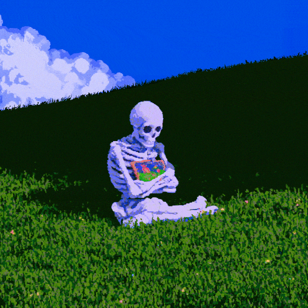 The AFTERBLOOM skeleton carries a final bouquet across the meadow